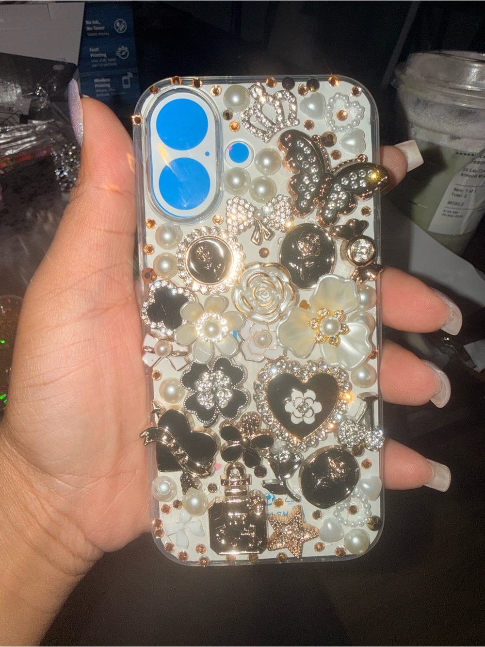 Embellished White & Black & Gold IPhone 16  Phone Case